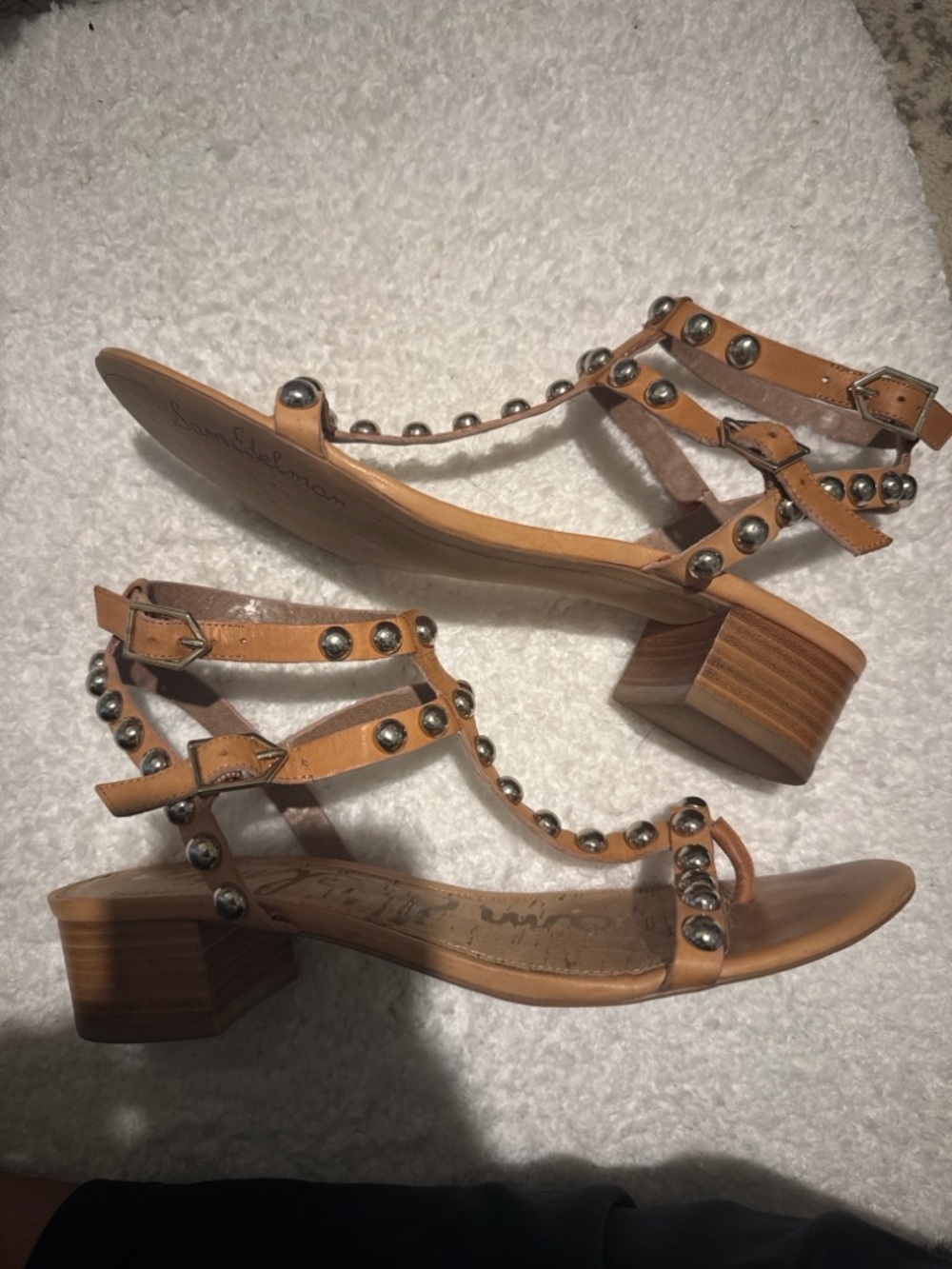 Sam Edelman Tan Studded T-Strap Sandals Block Heel Leather - Picture 7 of 11